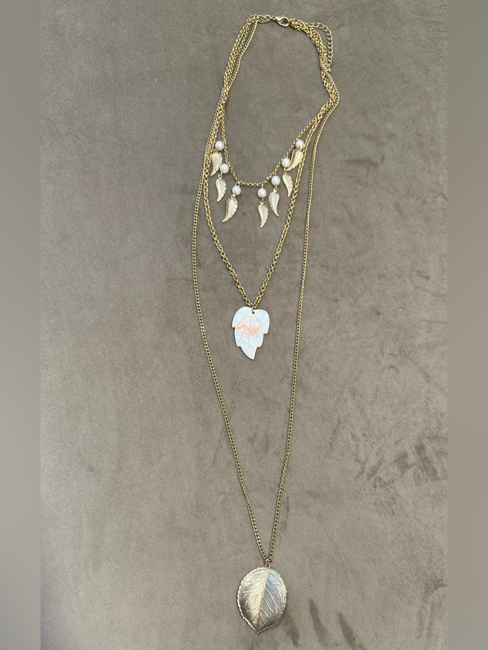 Gold Tone Layered Leaf Pendant Necklace with White Accents - Women’s Jewelry